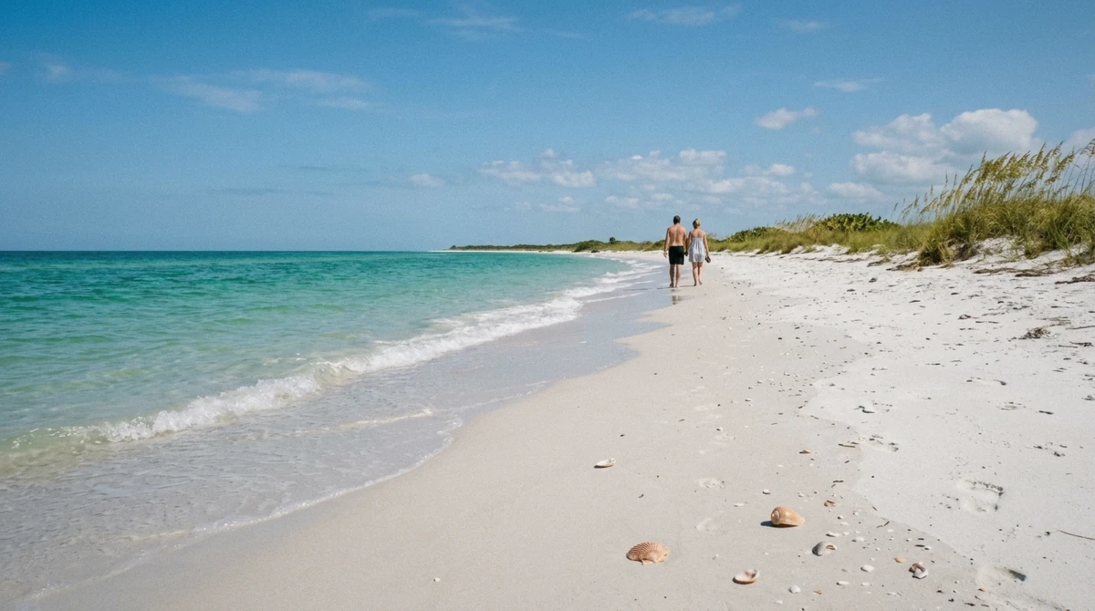 A couple walking the white-sand Gulf beach with shells in the foreground during a Shell Island snorkeling tour with 2 stops and dolphin watching