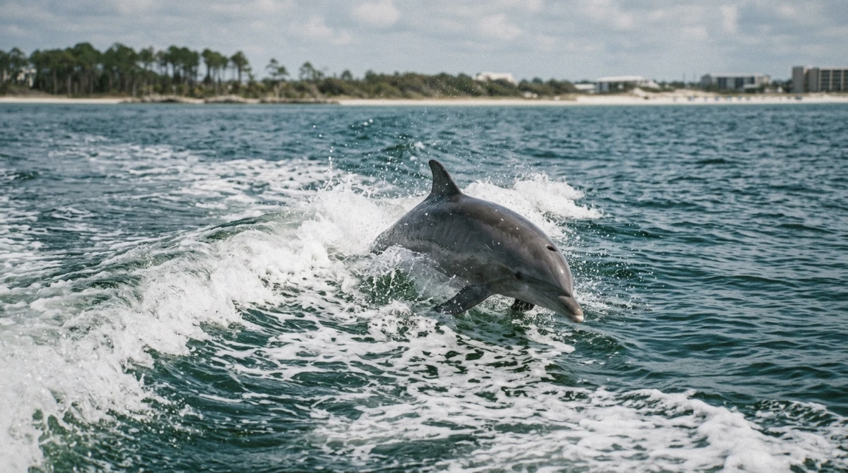 A wild bottlenose dolphin riding the wake behind the boat in St. Andrew Bay on a Shell Island snorkel and dolphin catamaran cruise
