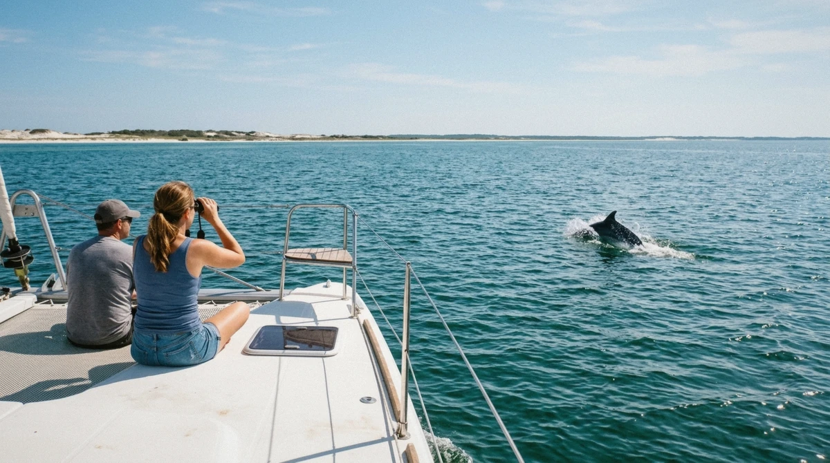 Bottlenose dolphin surfacing near a boat, part of what you'll see with Shell Island dolphins Panama City Beach