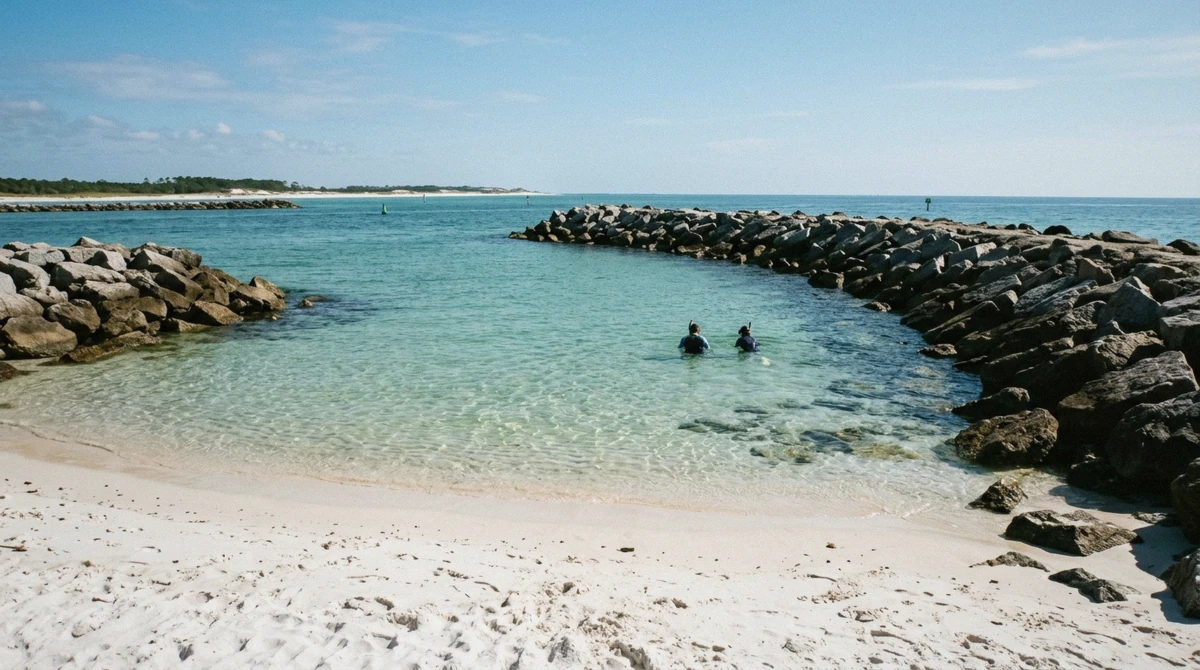 Snorkeler entering the sheltered cove for snorkeling at St. Andrews State Park near Shell Island, Florida