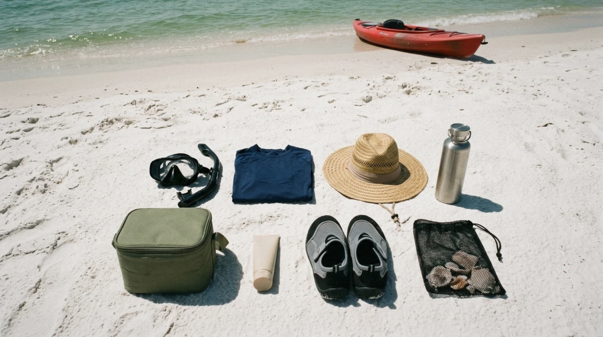 Snorkel gear, a dry bag and reef-safe sunscreen laid out for a Shell Island snorkeling day trip in Panama City Beach