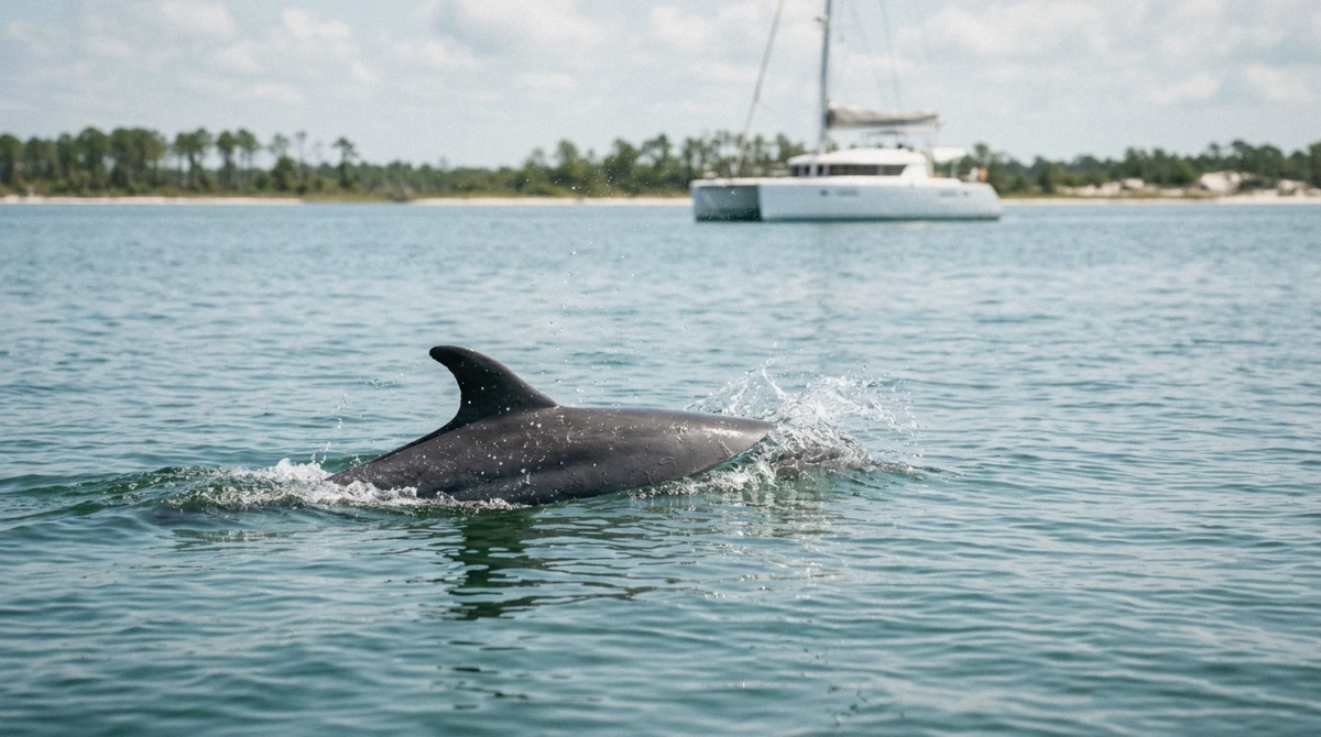 A bottlenose dolphin surfacing beside a catamaran in St. Andrew Bay on a Shell Island Florida snorkeling and dolphin cruise