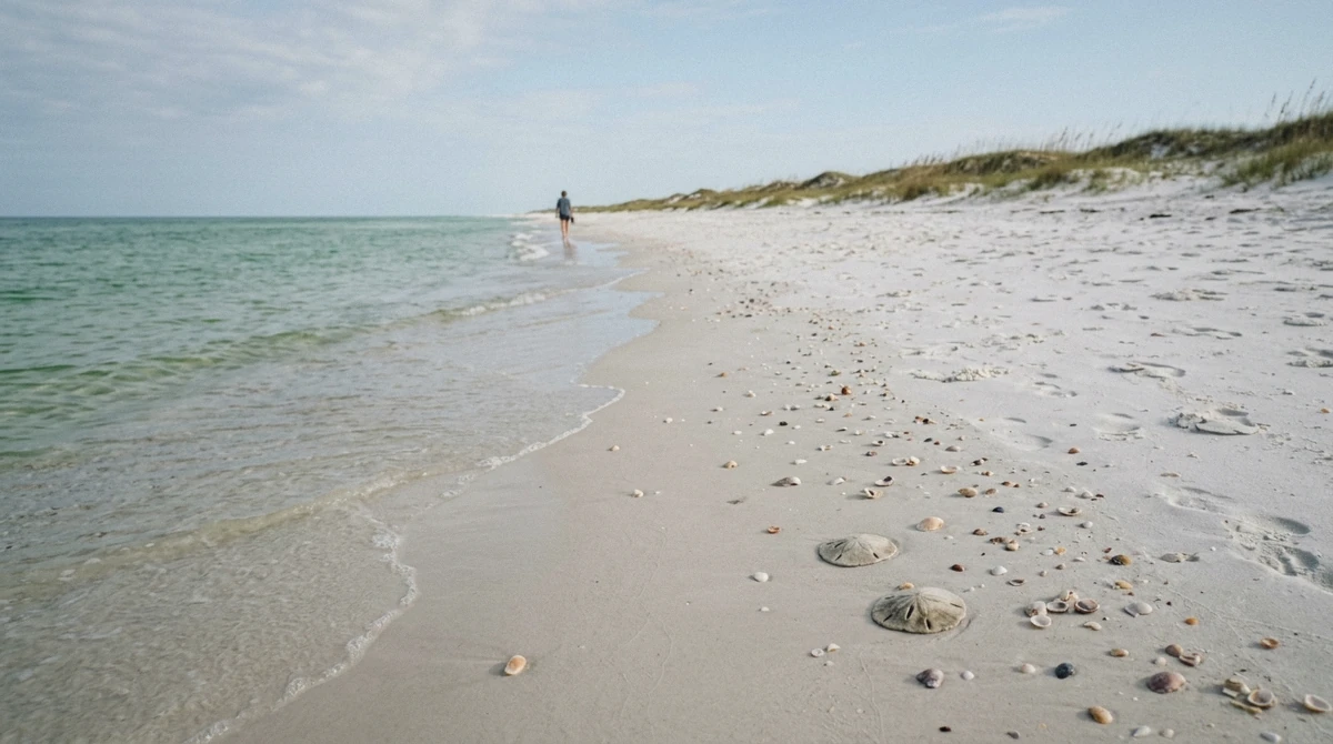 White-sand Gulf shore of Shell Island scattered with seashells and sand dollars on a Shell Island Florida snorkeling and shelling trip