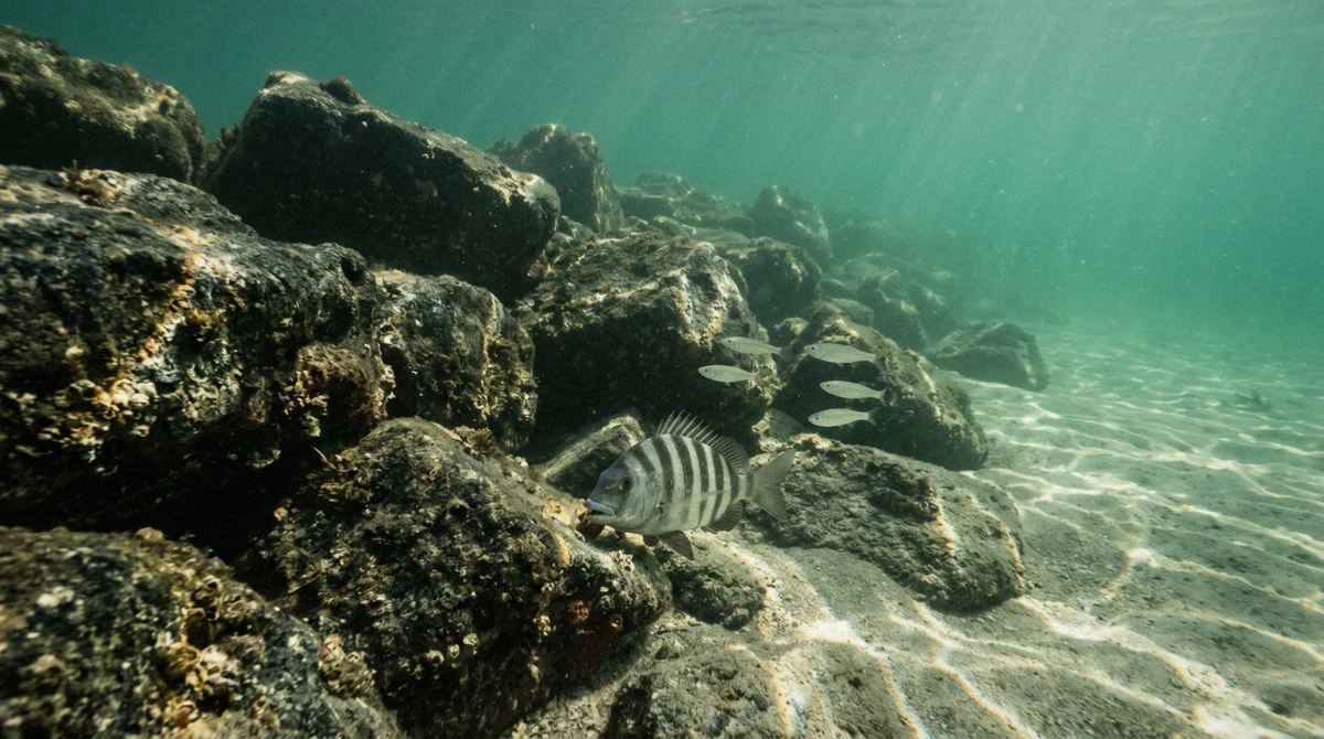 Clear green water breaking over the rock jetties at St. Andrews Pass, the best Shell Island Florida snorkeling spot near Panama City Beach