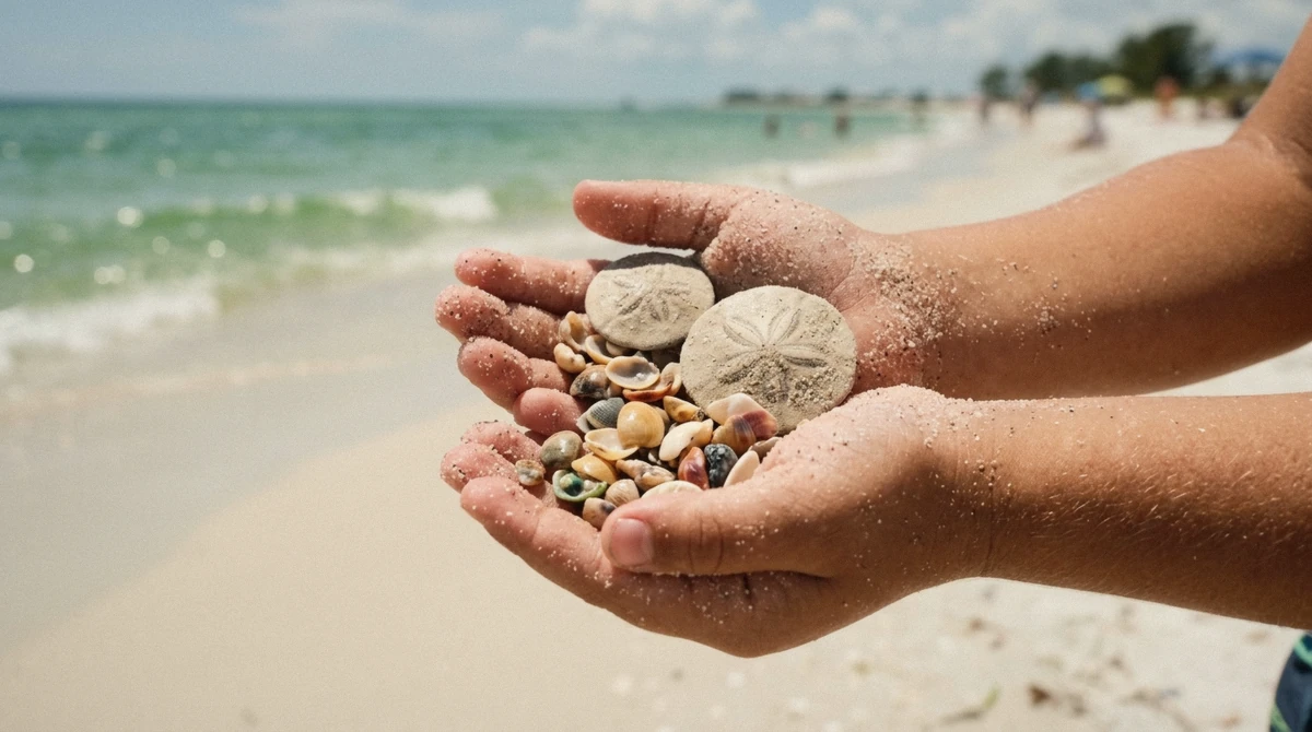 A child's hands holding sand dollars and seashells on the white-sand Gulf shore during a Shell Island Florida snorkeling trip